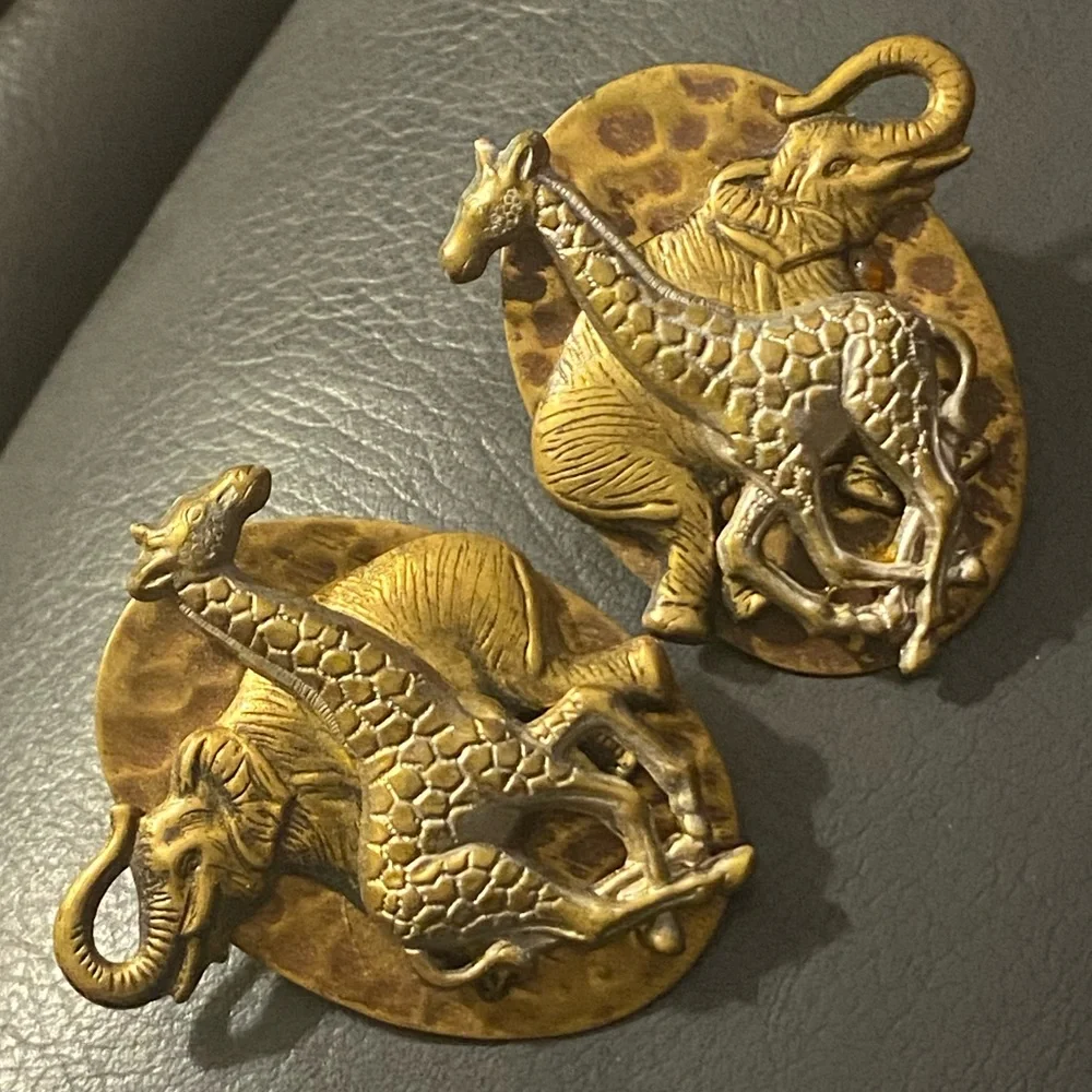 Vintage 3D Raised Safari-themed Metal Pierced Earrings Giraffe & Elephant Brass